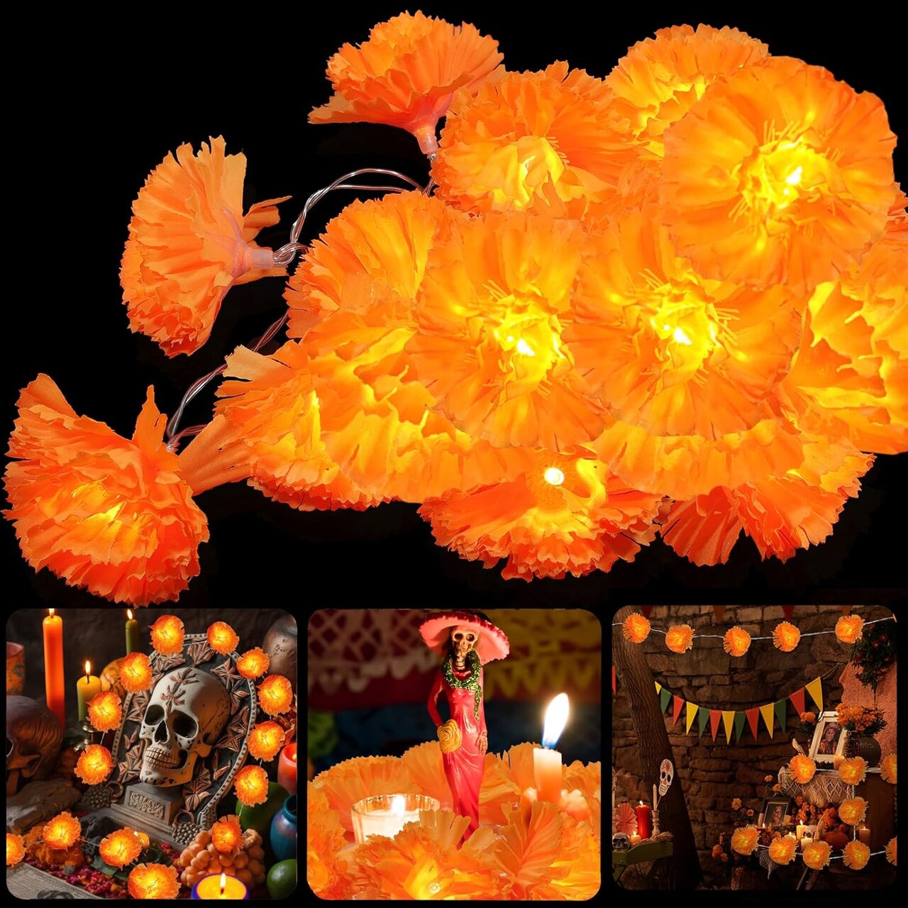 3 Pack Day of The Dead Lighted Marigold Garland 10 LED Artificial Marigold Flowers String Lights Dia de Los Muertos Decorations for Halloween Diwali Indian Party (3, 5 Ft 10 LED)
